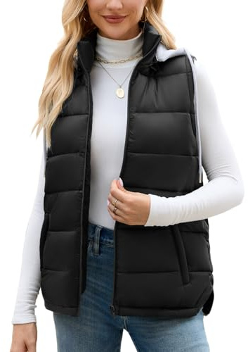 Vancavoo Chaleco Acolchado Mujer con Capucha Invierno Chaqueta sin Mangas Abrigos Chaleco de Forro Outwear Con Cremallera,Negro,XL