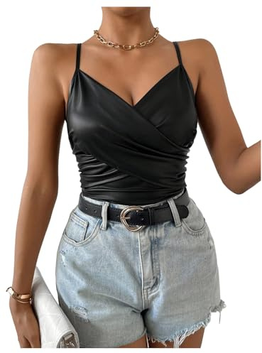 GORGLITTER Women's PU Leather Wrap V Neck Cami Tops Sleeveless Ruched Sexy Skinny Night Out Vest Top Black Small