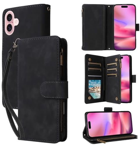 QLTYPRI Hülle für iPhone 17 (6,3 Zoll), Premium Leder Handyhülle mit Große Kapazität 6 Kartenfach & 1 Reißverschluss Tasche Ständer Schutzhülle für iPhone 17 - Schwarz