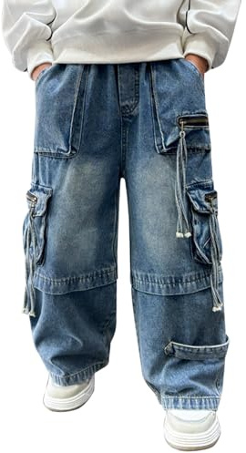 Cargo Jeans Jungen Gerade Cargojeans Baggy Weites Bein Jeanshosen Kinder Locker High Waist Denim Hose Strech Hosen mit Mehrere Tasche Kinderkleidung Jungen Personalisiert