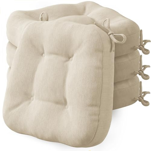 Codi Stuhlkissen 40 x 40 cm, 4er-Set, 8 cm dick, Sitzkissen Outdoor, Beige | Memory Foam für Sitzkomfort, wasserabweisender Bezug, rutschfester Halt mit Bindebändern, ideal für Gartenstühle und Balkon