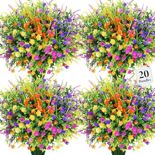 Besteek 20 Bundles Artificial Flowers for Outdoors Fake Plastic Flowers UV Resistant Realistic Faux Plants Shrubs for Spring Summer Garden Porch Yard Patio Planter Window Box Home Decor, Mixedcolor