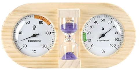 Gatuida Termómetro e higrómetro de Doble dial para Sauna con Temporizador de Arena de Madera de 15 Minutos: Monitor preciso de Temperatura y Humedad para saunas y Salas de Vapor en el hogar y spas.