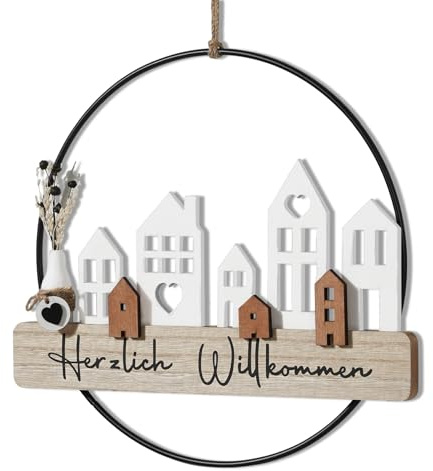Optyuwah Willkommen Türkranz Trockenblumenkranz - Türkranz Herzlich Trockenblumen Fensterdeko Hängedeko personalisiert Dekokranz mit Willkommensschild Trockenblumen und Haus ø28cm Wandschmuck