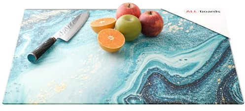 ALLboards Glass Chopping Board/Hob Cover 60 × 52 cm - Blue & Gold Splashback Worktop Saver for Kitchen Hob Protection Hot Cover Heat Resistant