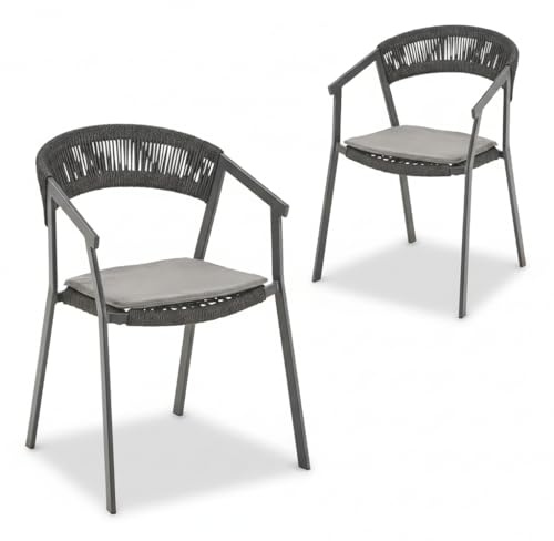 Liadomo Gartenstuhl 2er-Set Lenzi, 2 Stück Stapelstuhl mit Kissen | Rope-Bespannung, Aluminiumgestell, stapelbar, wetterfest, fertig montiert