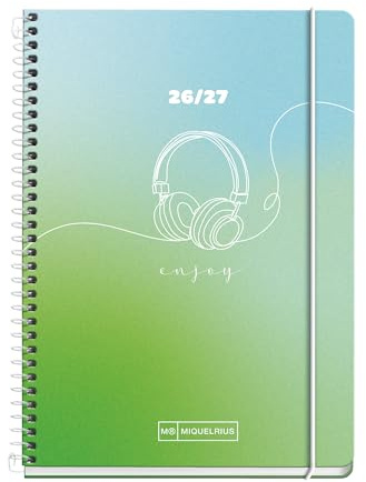 Miquelrius Schülerkalender 2026/2027, Wochenansicht, 10 Monate, A6+ (11,7 x 17,4 cm), laminierter Karton, Spiralbindung aus Metall, abgerundete Kanten, Gummiverschluss, Stickers, Spanisch-EN