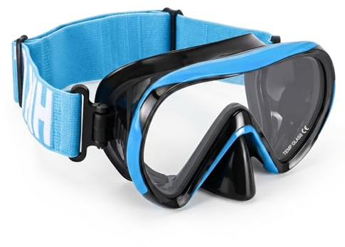 HIKOTEY Maschera subacquea per bambini con fascia in tessuto, maschera da snorkeling anti-perdite e fascia in tessuto elastico, maschera da snorkeling panoramica a 180°, HD, anti-appannamento