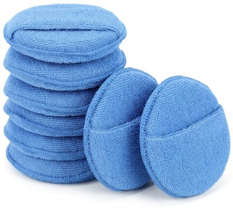 Lot de 8 Eponge Voiture Microfibre Bleu Clair Pad Polissage Rond avec Poche | Doigts, Applicateur, Cire, Nettoyant, Carrosserie, Lavage, Exterieur, Entretien, Auto, Moto, Rayures, qualite, Solid