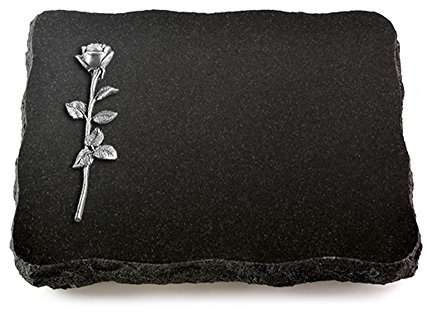 Wilhelmy Grabmale Grabplatte, Grabstein, Grabkissen, Urnengrabstein, Liegegrabstein Modell Pure 40 x 30 x 5 cm Indisch Black-Granit, poliert inkl. Gravur (Aluminium-Ornament Rose 12)