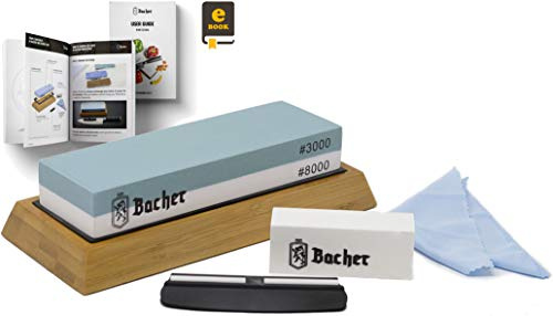 Bacher Schleifstein 3000/8000 - Winkelführung, Wetzstein-Set Messer | Körnung nach JIS R6001 | doppelseitig zum Messer schärfen | Stechbeitel, Scheren, Rasiermesser | weißer Korund | eBook