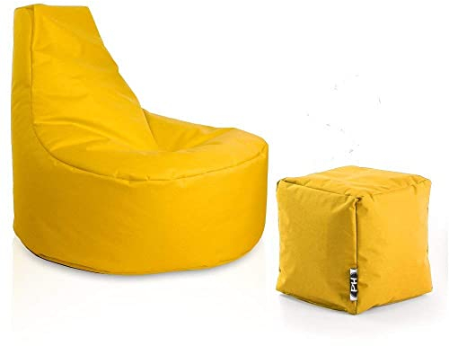 PATCH HOME Gamer Sessel inkl. Würfel Bean Bag Set Ø75cm, 30cm Sitzhöhe, 80cm Höhe + 35x35cm Würfel Gelb