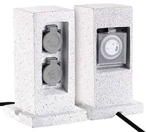 Royal Gardineer Gartenstein-Steckdosen: 2er-Set 2-Fach-Garten-Steckdosen in Stein-Optik, mit Zeitschaltuhr (Outdoorsteckdose, Steckdosen Garten wasserdicht, Weihnachtsbeleuchtung)