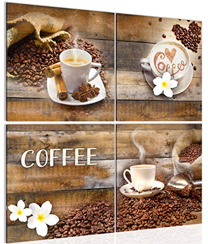 Runa Art Bilder Kaffeetasse Küche 4 Teilig Bild auf Vlies Leinwand Esszimmer Küchenbilder 60 x 60 cm Küchenbilder Braun 027144a