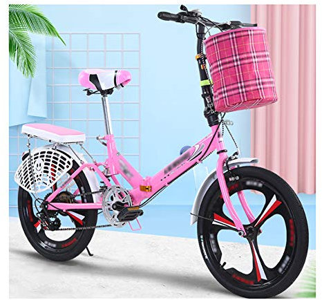 20 Zoll 6 Gang Faltrad Klapprad, Kohlenstoffstahlrahmen Fahrrad Klappfahrrad mit Ständer Gepäckträger und Korb für Herren, Damen, Mädchen, Jungen geeignet,Pink-C