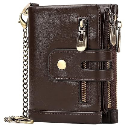 FORRICA Portafoglio Uomo Blocco RFID Vera Pelle Portamonete con Catena Porta Carta di Credito Cerniera Borsellino Pelle Portafogli Bifold Marrone A