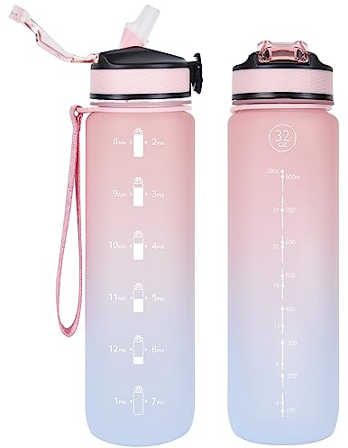 NAVTUE Bottiglia d'acqua da 1L con cannuccia, Bottiglia per bevande sportive con indicatori temporali, a prova di perdite, Tritan senza BPA per scuola/ciclismo/corsa (Rosa-Blu 1 Bottiglia)