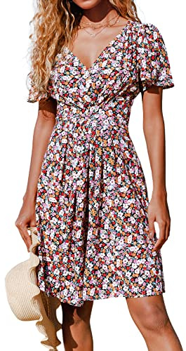 CUPSHE Damen Kleid V Ausschnitt Kurzarm Blümchenmuster Knöpfen Sommerkleid Freizeitkleid Strand Mini Dress