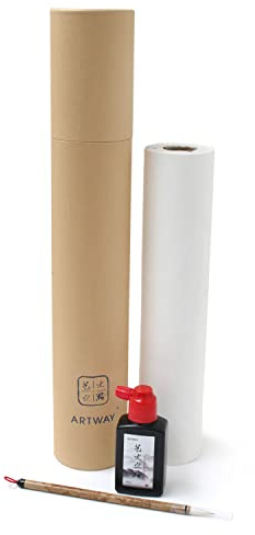 Artway - Sheng xuan-Papier - unverarbeitetes chinesisches Reispapier (Rohe) - Rolle mit Tusche & Pinsel, Weiß