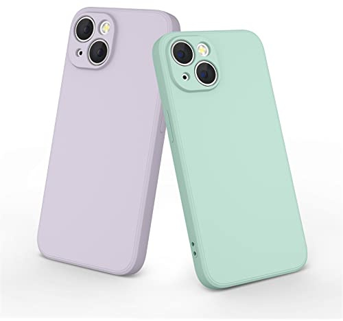 Mugust 2Pack Fundas para iPhone 14,Funda de Liquida Silicona con Forro de Microfibra Suave para iPhone 14(Hierba Morada/Cian Claro)