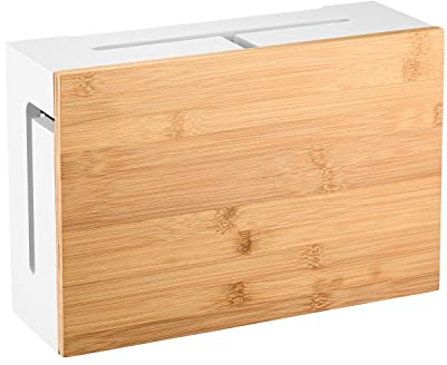 Cable Management Box with Magnetic Bamboo Lid & Cable Ties- Elegant, Durable Cable Organizer Box to Hide Cords and Power Strip- Wall Mountable Cable Box Hider for Home, Office, Desk & More (White)