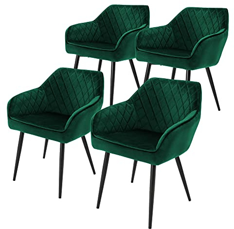 ML-Design Set av 4 matstolar med armstöd och ryggstöd, mörkgrön, köksstol med sammetsklädsel, stoppad stol med metallben, ergonomisk stol för matbord, matstol vardagsrumsstol
