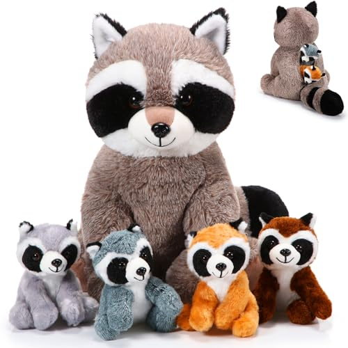 Harrycle 5 Stück Kuscheltier Set - Süßer Mama Waschbär Plüsch mit 4 Baby Waschbären im Bauch - Kuschelige Weiche Waschbär Spielzeuge für Jungen & Mädchen - Geburtstag, Wald Party (Kuscheliger Stil)