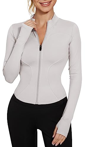 IECCP Sportjacke Damen Langarm Crop Top Yoga Fitness mit Reißverschluss | Figurbetonte Crop-Sportjacke, Yoga und Laufen, Durchgehender Reißverschluss, Daumenlöcher, Leichtes Stretchmaterial