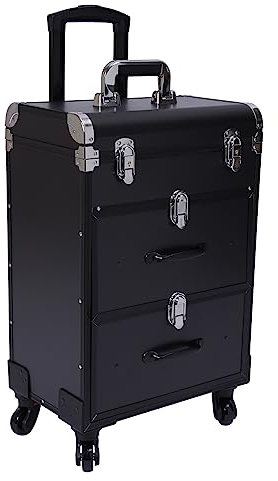 Kosmetikkoffer Trolley, Friseurkoffer Groß mit Schlössern, Schminkkoffer mit Unterteilungen, Kosmetiktrolley für unterwegs Make-up/Nagelkunst/Haarstyling, Schwarz, 36 x 23 x 58cm
