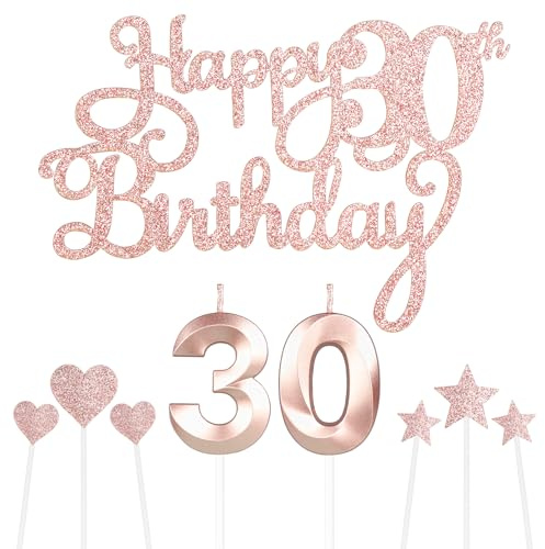 Personalised Rose Gold 30th Birthday Cake Topper with Number 30 Birthday Candles, Star Cupcake Toppers - Set of 9