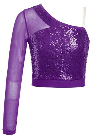 Aislor Paillettes Canotte Sportive per Bambina Crop Top da Balletto Danza Moderna Camicetta Monospalla Maglietta da Ballo Latino Americano Tango Dancewear Viola 13-14 Anni