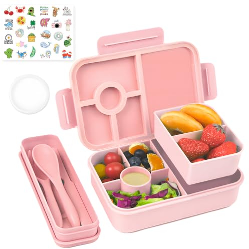 Bugucat Fiambrera 1300ML 3PCS, Bento Box Fiambrera Infantil con 5+2 Compartimentos y Cubiertos, Lunch Box Hermetico Fiambreras para Adultos Niños, Loncheras Ideal Para,Picnic,Trabajo,Púrpura,Rose