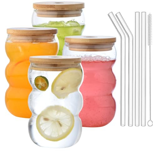 VITEVER Latte Macchiato Gläser Set, 4 Eiskaffee Gläser mit Deckel, Spülmaschinenfest, Bubble Glasbecher 550 ml, Cocktailglas, kostenlose Bürste und Strohhalm