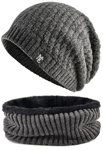 SOYNIA Mütze Beanie Hut Herren Warme Mütze Und Schal Für Männer Gestrickt Einfarbig Bonnet Hüte Mode Beanies Schal Set Männer Hip Hop Hüte Grayset