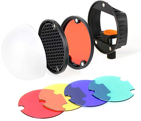 HUIOP Kit di accessori per modificatore di luce Flash Speedlite con adattatore di montaggio universale magnetico + sfera di diffusione + riflettore a griglia a nido d'ape + 4 filtri a collo