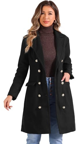 Allegra K Pea Coat for Women's Notched Lapel Double Breasted Mid Long Winter Coats Black S