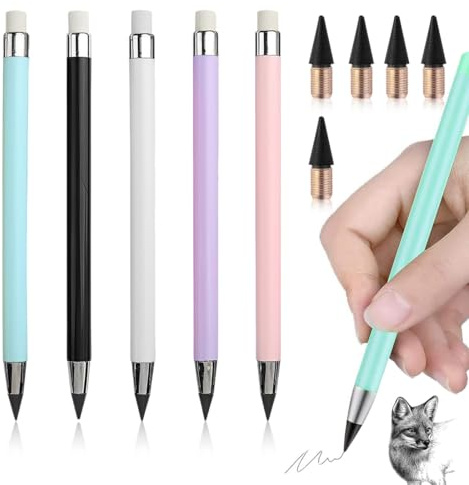 WHYCNJL 5 Pezzi Matita Eterna Portatile, Matita Infinita con 5 Punte di Ricambio, Senza Inchiostro, Materiale Colastico Bambini Adulti Home Office