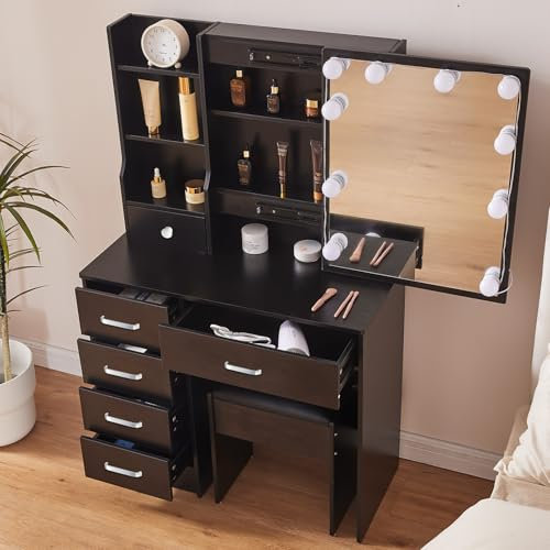 Ereousa Schminktisch mit Großem Spiegel und Beleuchtung, Make Up Tisch mit 5 Schubladen, Schwarz H89
