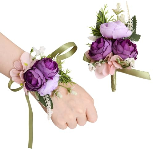 URROMA Ansteckblume für das Handgelenk, 2 Stück, dunkle Puple, künstliche Ansteckblumen, Armband, Rosen, Boutonniere für Abschlussball, Hochzeit, Brautjungfer, Mutter, Großmutter