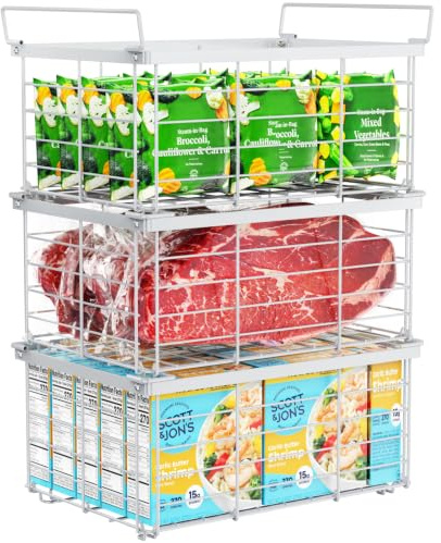 iSPECLE Chest Freezer Baskets, For 283L-566L Chest Freezer, 3 Pack Large Heavy-Duty Stackable Freezer Organiser to Double Your Storage Space, Robust Metal Sorting System for Bulk Food, White