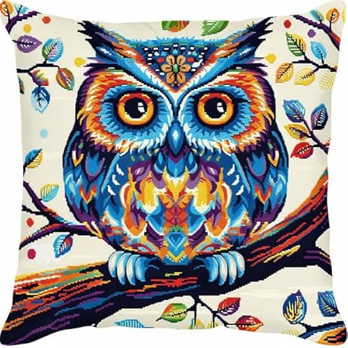 Kitquiver Knüpfkissen Set Eule Knüpfen für Anfänger Set 43X43cm Knüpfen Handarbeit Set Kissen Bastelset Knüpfen Handwerksset Kissen DIY Bastelset für Anfänger für die Sofa-Heimdekoration