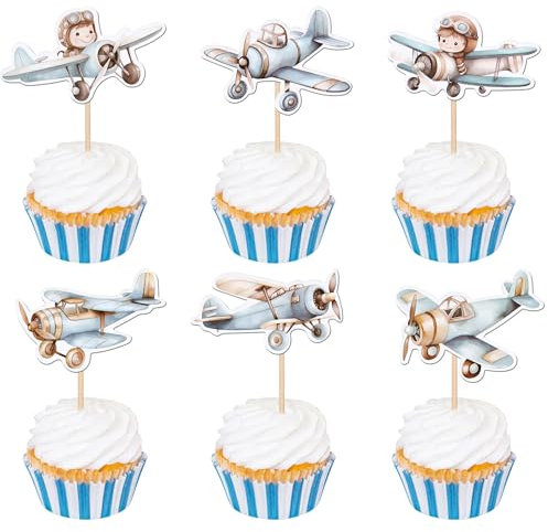 36 PCS Airplane Cupcake Toppers Pilot Aviation plane Cupcake Picks Airplane Plane Cupcake Decoration for Plane Theme Baby Shower Kids Boys Birthday Party Cake Decorations Supplies Blue