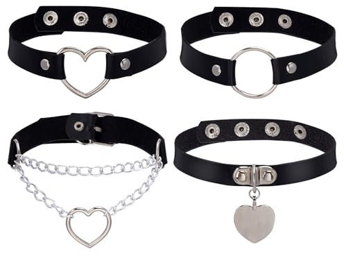 Jahrestag Geschenk - 4 Stück Halsband für Sex, Choker Schwarz Kette Damen, Lederhalsband, Kette Spike Leder Kragen Kropfband Herz, Einstellbar Halsband Schwarz Chocker, Punk Gotik Collar