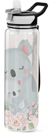 Mnsruu Transparente Sport-Wasserflasche mit Strohhalm, auslaufsichere Trinkflasche, Cutesloth und Blumen, Fahrradflaschen für Sport, Büro, Schule, BPA-freier Tritan-Kunststoff, 1 Liter