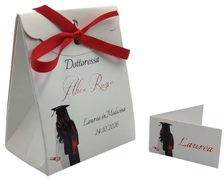 PV Grafik 24 Bomboniere Laurea Personalizzate con Nome, Scatoline Portaconfetti Laurea, Bomboniera Laurea Personalizzata Complete di Bigliettini e Nastri, Scatoline Confetti Laurea(Nica L5)