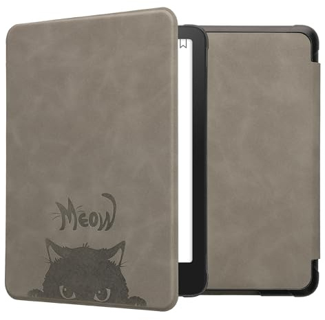 kwmobile Schutzhülle für Amazon Kindle Paperwhite (2024)/Colorsoft Hülle - eReader Case aus Kunstleder mit Auto Sleep Funktion - Katze Meow mit Grau Schwarz