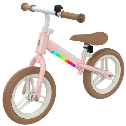Gotrax KS12 Balance Bike, 12 Toddlers Push Bike with LED Light, Adjustable Seat & Handlebar, Flat-Free Tires & Easy Assembly Kids Bicycle, Lightweight & No Pedal, Gift for Boys Girls, Pink