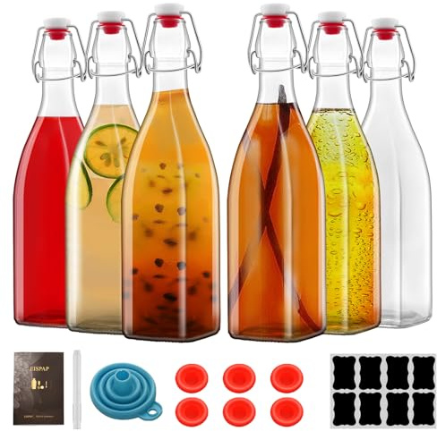 eispap 6 Pack 25oz Square Swing Top Glass Bottles, 750ML Bottles with Airtight Stoppers for Kombucha, Kefir, Vanilla Extract, Beer(Bonus Gaskets, Labels and Funnel)