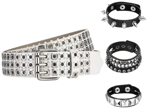 NUREINSS Damen Gürtel Set mit Armband | Punk Rock Streetwear Accessoire | Verstellbarer Nietengürtel für Konzerte, Partys & Tageslook | Edgy Style für individuelle Outfits (3.8cm Breite) Weiß