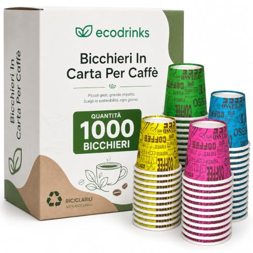 1000 Bicchieri Caffe Carta Da 75ml - Set Bicchierini Monouso per Bevande Calde/Fredde - Biodegradabili, Eco-friendly e Made in Italy, Arcobaleno